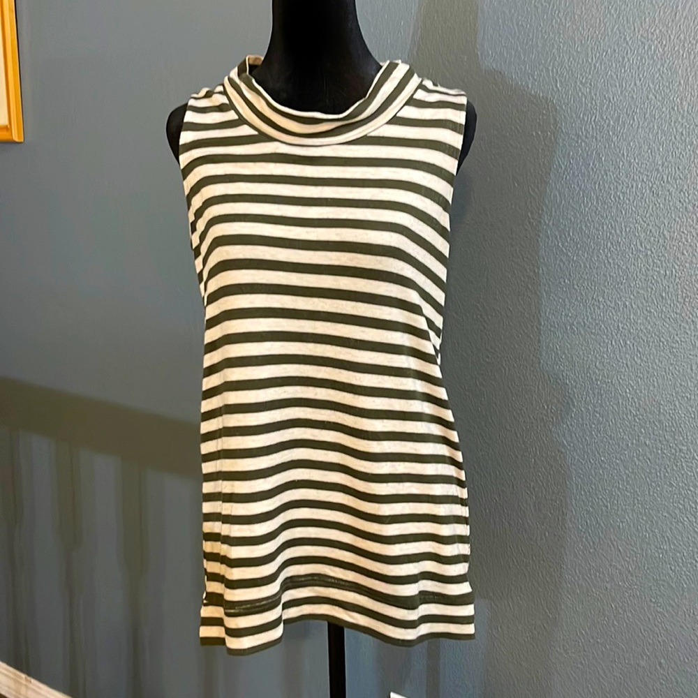 Peace & Pearls olive green and cream striped top size medium